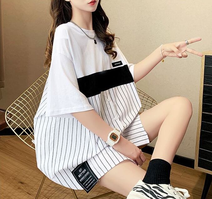 超人気 切り替え ストライプ柄 ラウンドネック プリント全2色 半袖Tシャツ<S-8741>