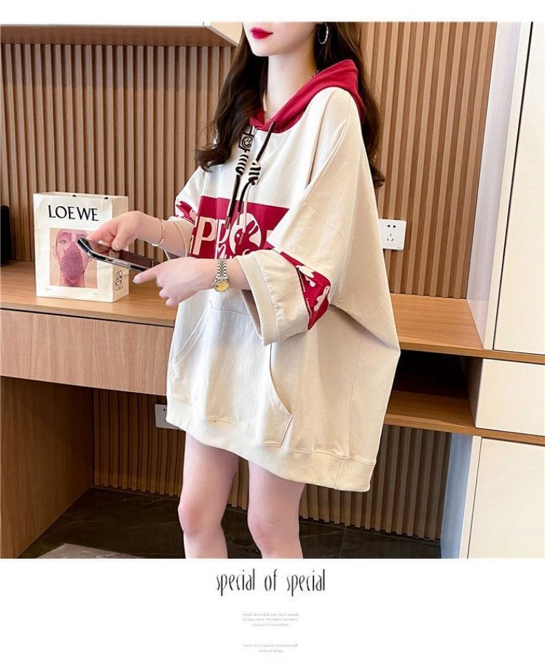 【半額！期間限定！！】大人気 ウサギちゃん 切り替え プリント 配色 ロング半袖パーカー＜S-4004＞