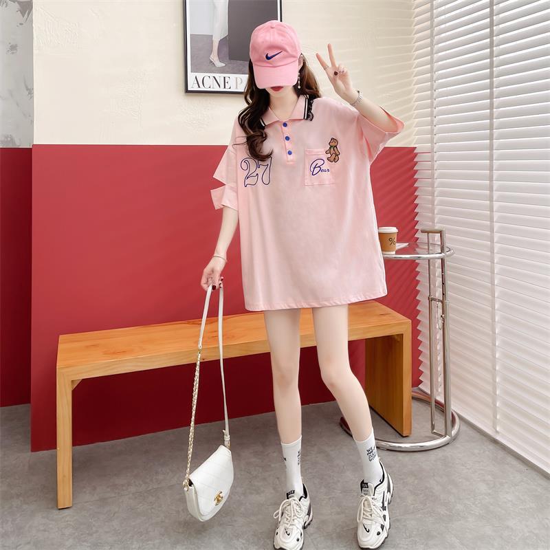 POLOネック ポケット ベアー レース ロング Tシャツ 三色 ゆったりワンピース＜S-3991＞