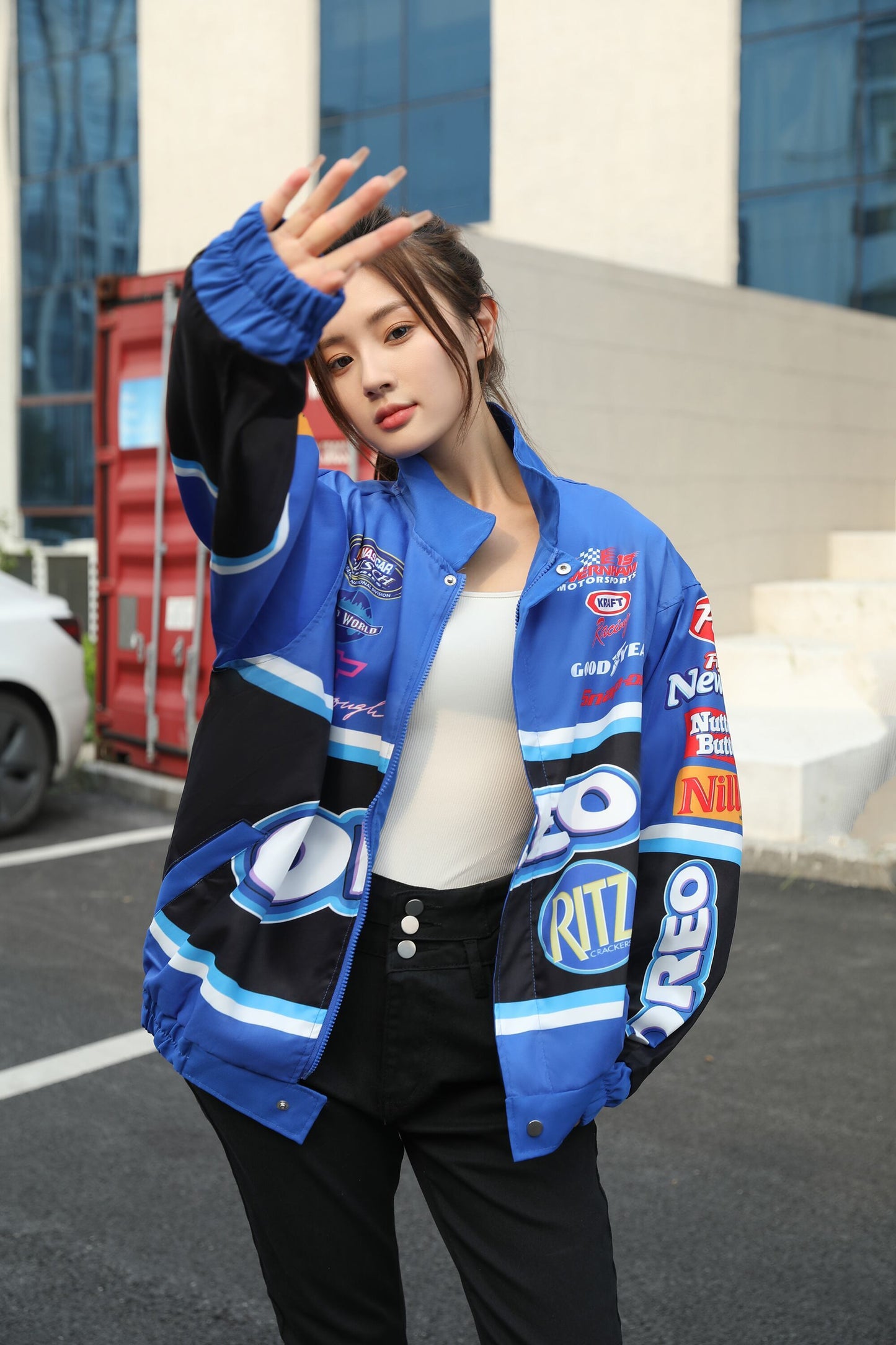 【人気急上昇中】ユニセックス   スポーティーなブループリントのカジュアルジャージ<S-5090>