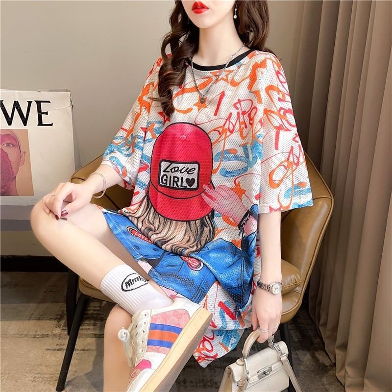 おしゃれ度アップ ロング 落書きストレート系 Tシャツ ゆったり ワンピース＜S-2995＞