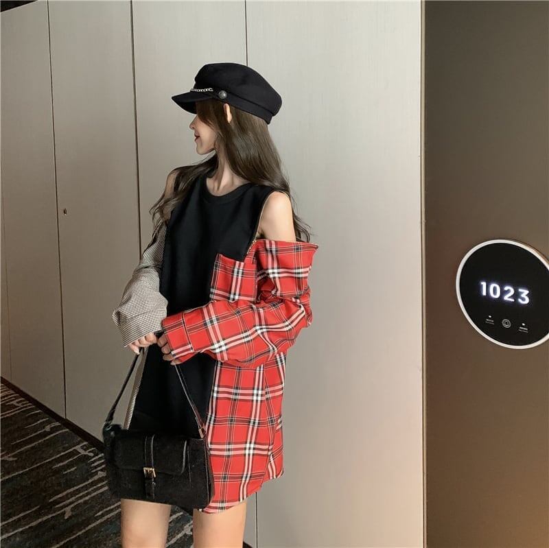 デザイン感 ラウンドネック ルーズ チェック柄 配色 スウェット パーカー＜S-2129＞