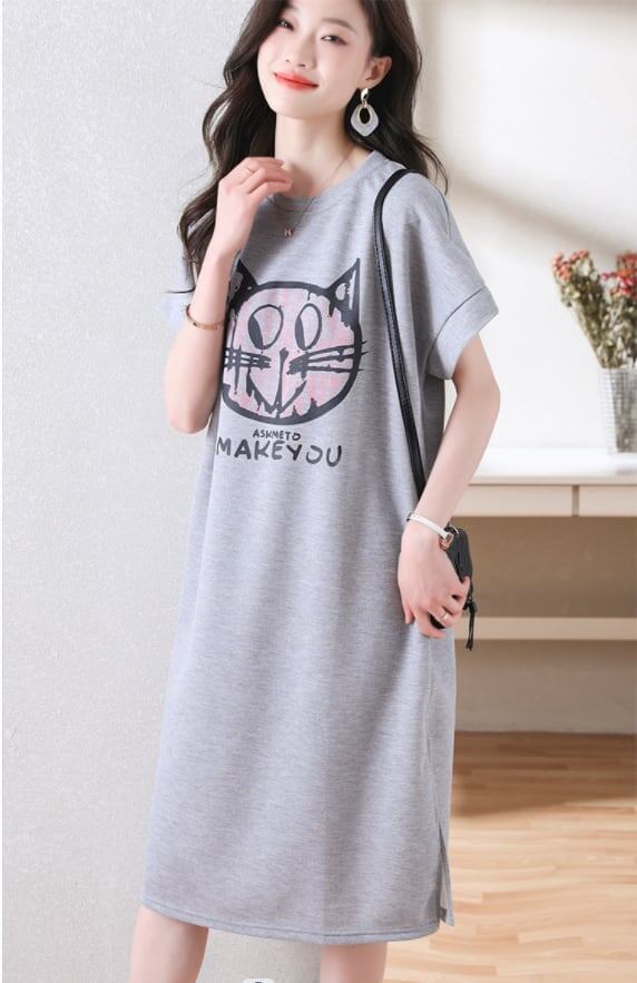 新しいカジュアルな猫プリント シャツ T ドレス<S-5037>