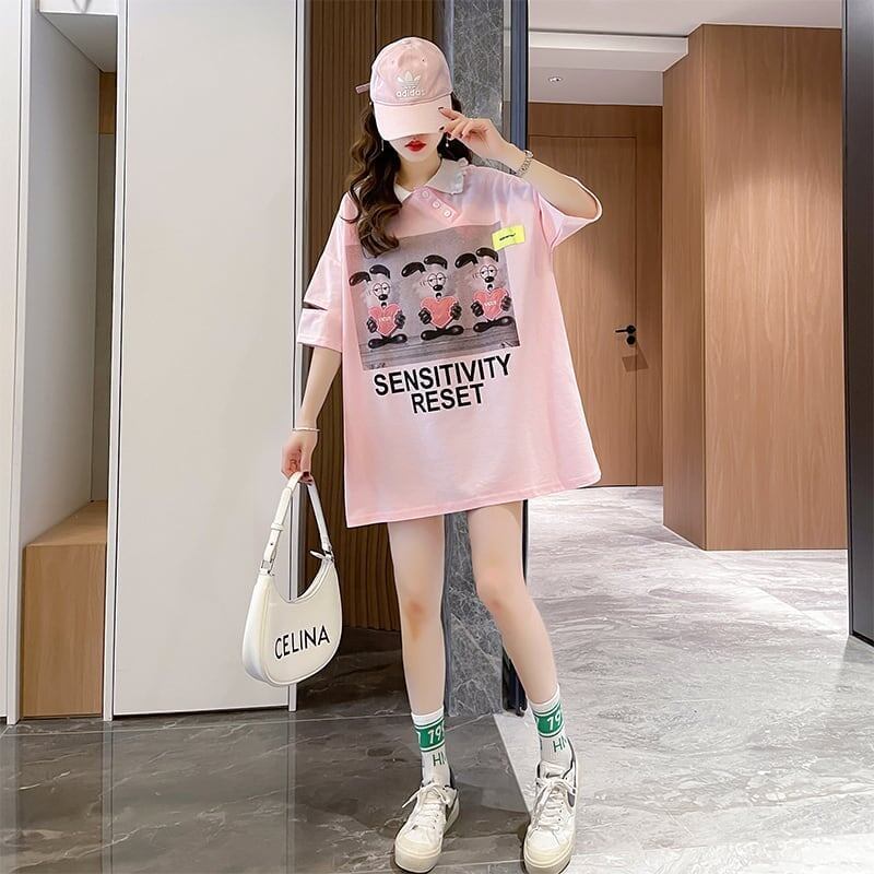 夏新作 アルファベットプリント POLOネック ロング Tシャツ ゆったりワンピース ＜S-3038＞