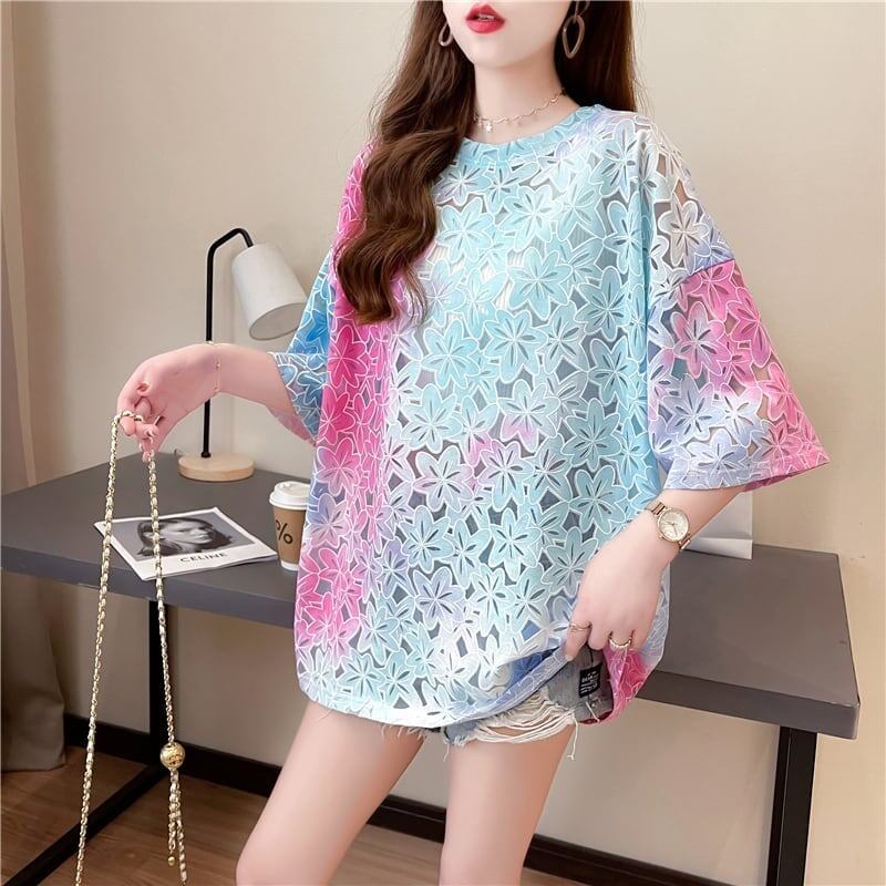 オシャレ度満点 ラウンドネック スタイリッシュ 透かし彫り Tシャツ カットソー＜S-2957＞