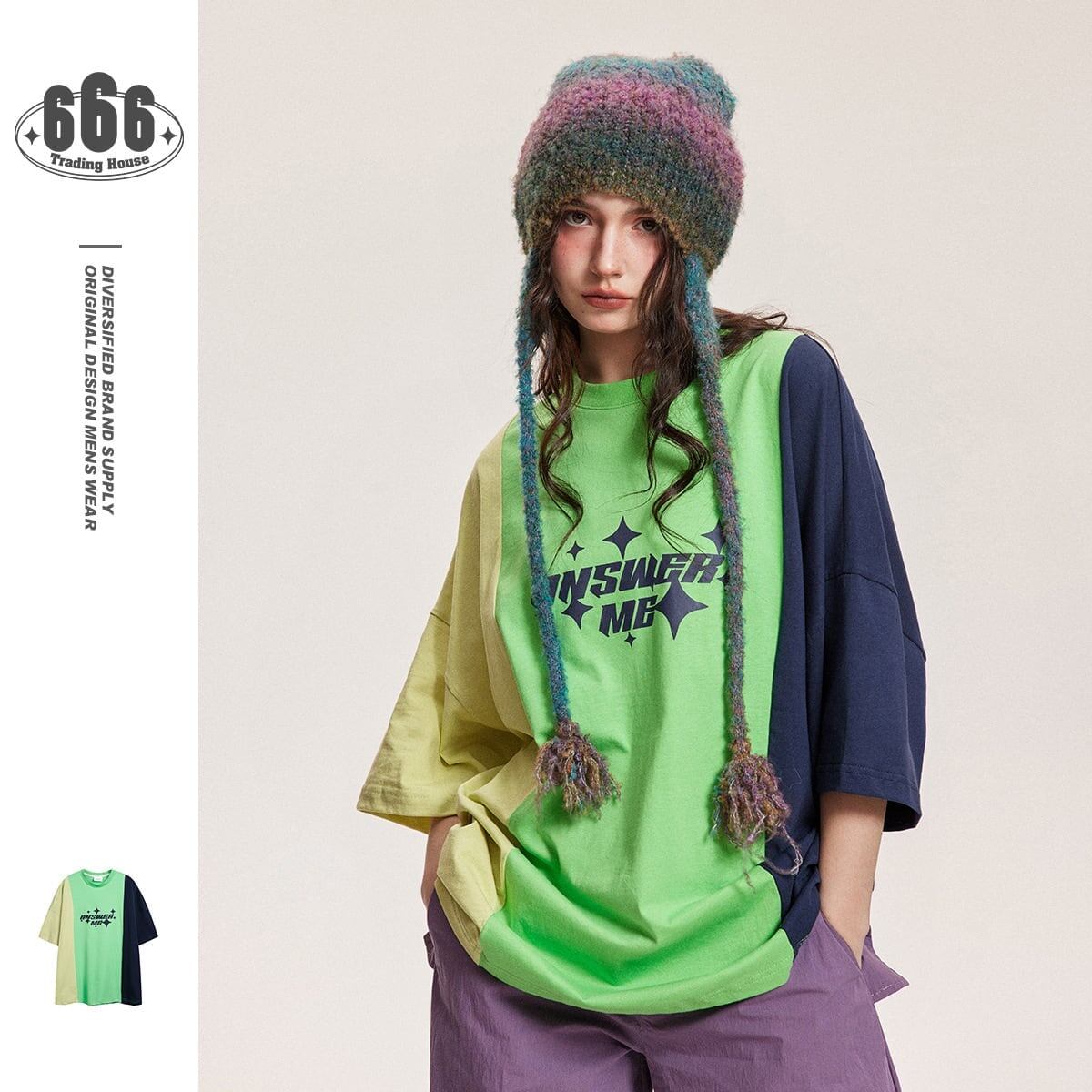 タイドブランドデザインセンス配色レトロプリントコットンTシャツ<S-2899>