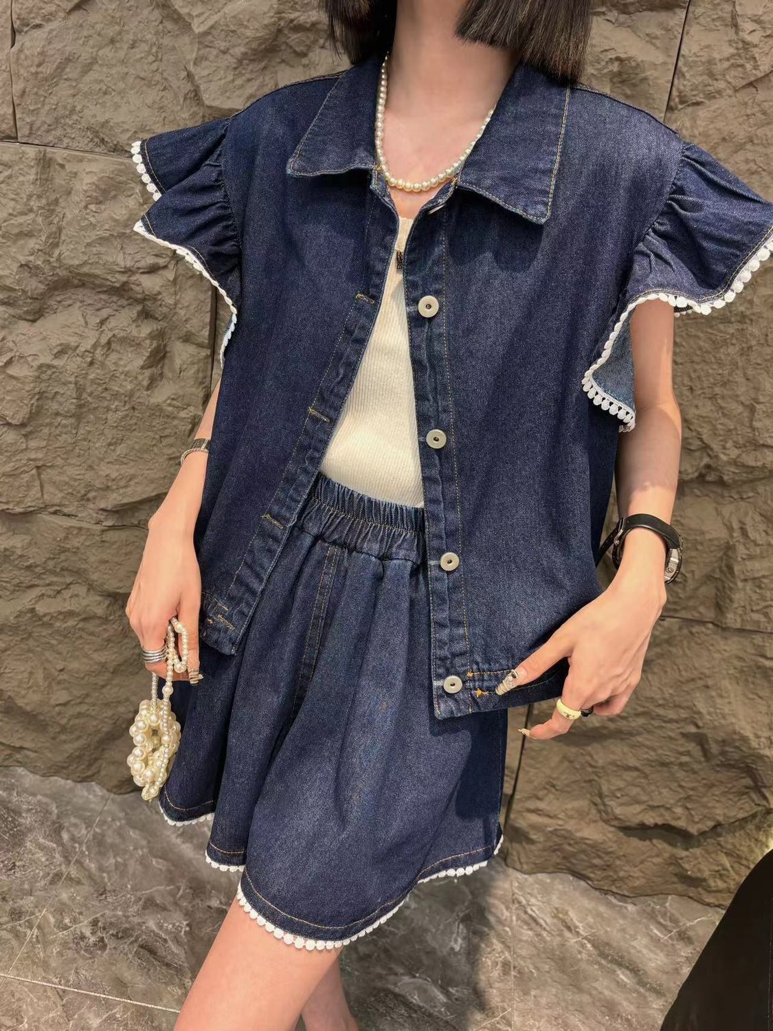 大好評 ファッション 売り切れ必至 2色選択 デニム 半袖 Tシャツ+ 短いスカート セットアップ ＜S-8992＞