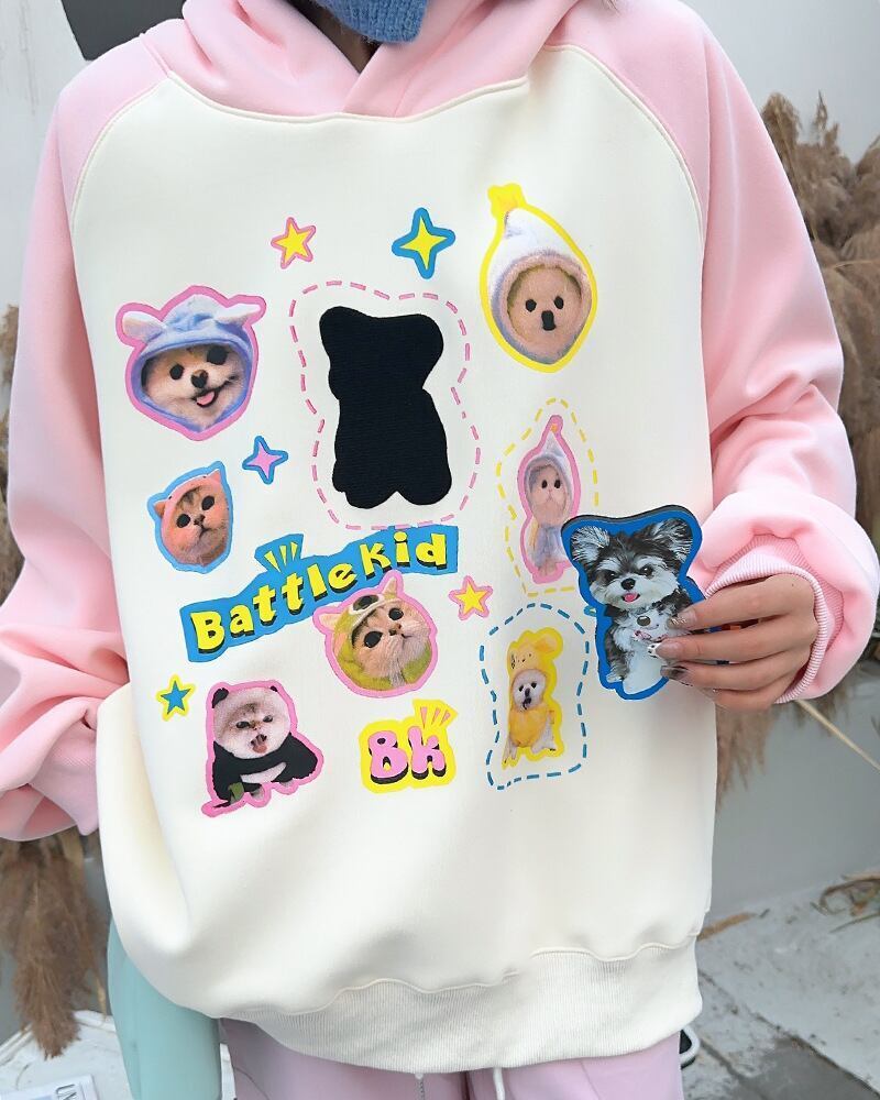 超人気商品猫柄犬柄ロゴ厚手ラグランパーカー全3色オーバーサイズトップス＜S-4473＞