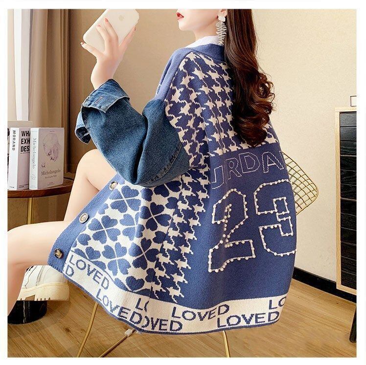 都市ファッショ デザイン オシャレ デニム切り替え 全2色 ニットカーディガン<S-9377>