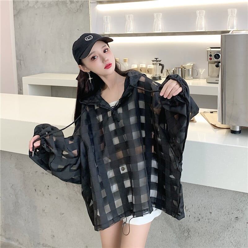 大人気 チェック柄 ゆったり 日焼け対策 UVカット 冷房対策 着?せ 長袖 フード付き シャツ ＜S-1910＞