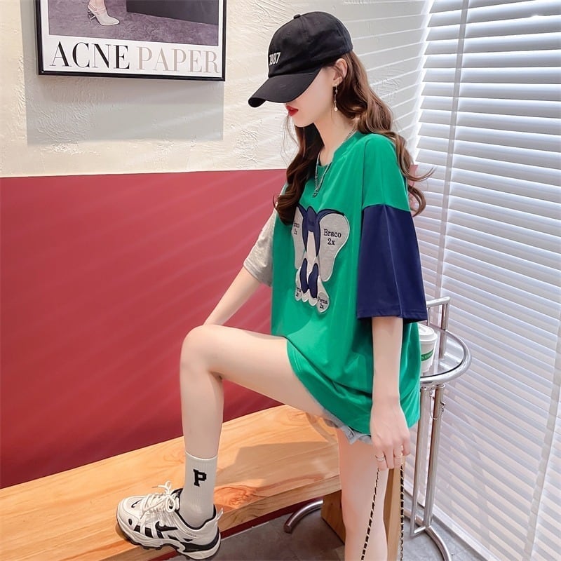 気質漫画カラーマッチング偽ツーピース半袖Tシャツ<S-2997>