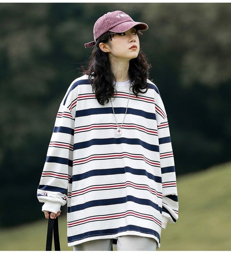 おすすめ 二色 ストライプ柄切り替え 長袖Ｔシャツ トップス＜S-4129＞