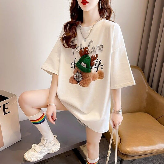 大活躍 ロング ビジューロゴ Tシャツ ゆったり 半袖 三色＜S-2922＞
