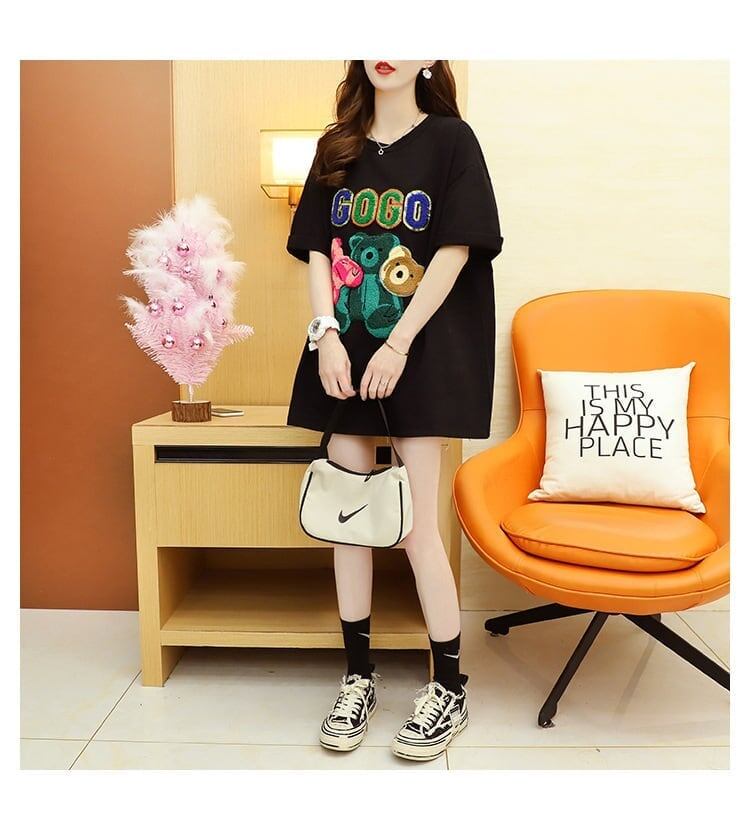 重工業スパンコール外国風おしゃれ植毛刺繍クマ半袖Tシャツ<S-2911>