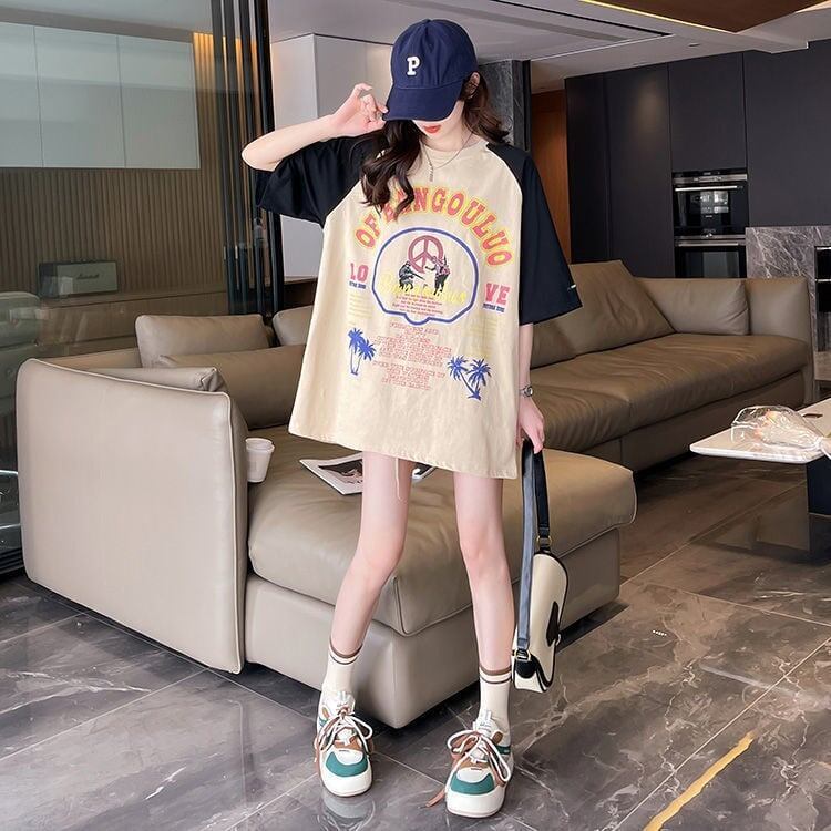 夏新作 配色 プリント ロング ラグランTシャツ 三色 ゆったりワンピース ＜S-4003＞