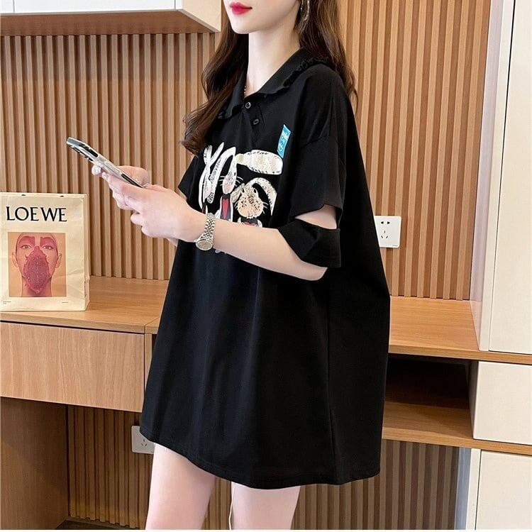 美人度アップ 折り襟 可愛いウサギちゃん プリントロング Tシャツ ゆったり半袖 ＜S-2956＞