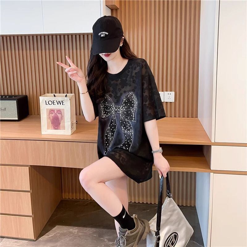 大人可愛い リボン カジュアル デザイン ゆったり 半袖 Tシャツ＜S-8659＞