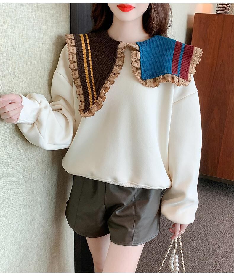 【秋の初めの割引！！】好感度UP フリル 折り襟 二色 配色 スウェット長袖Tシャツ＜S-3999＞