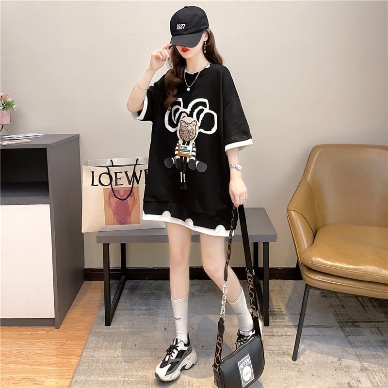 気質ルーズ漫画プリントミッドレングス半袖Tシャツ<S-3026>