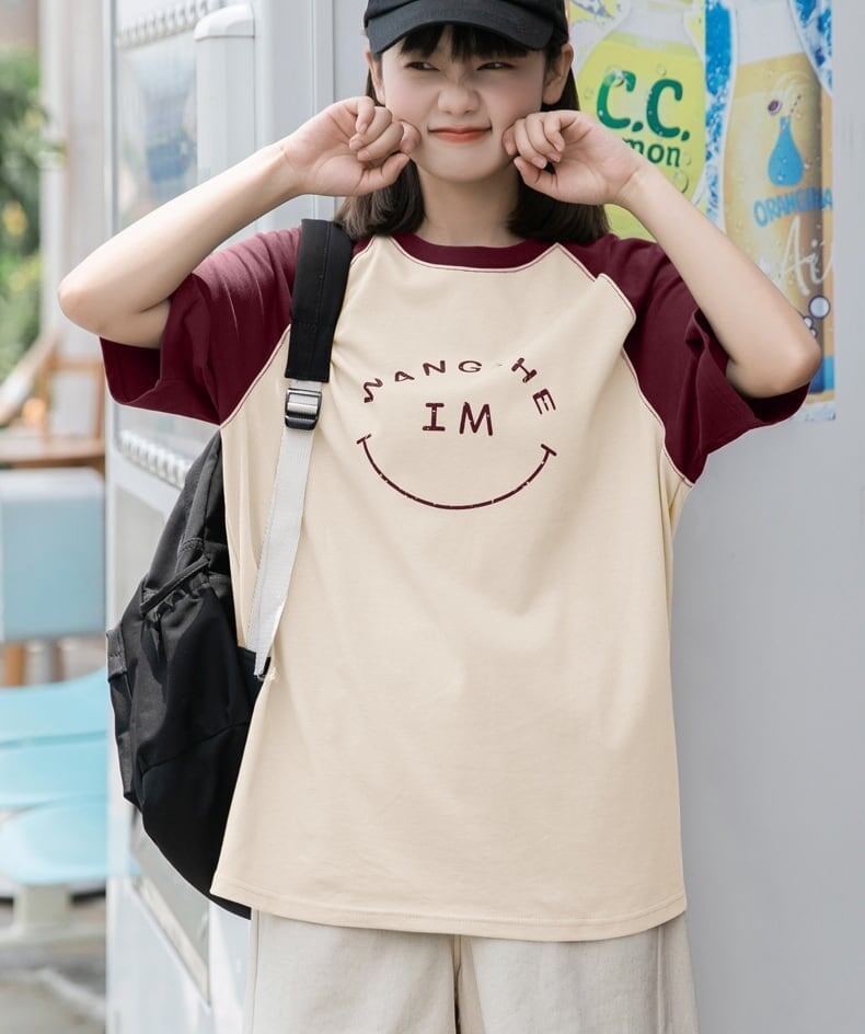 カラーマッチング スマイル ラグランTシャツ アルファベットプリント半袖 ＜S-2972＞