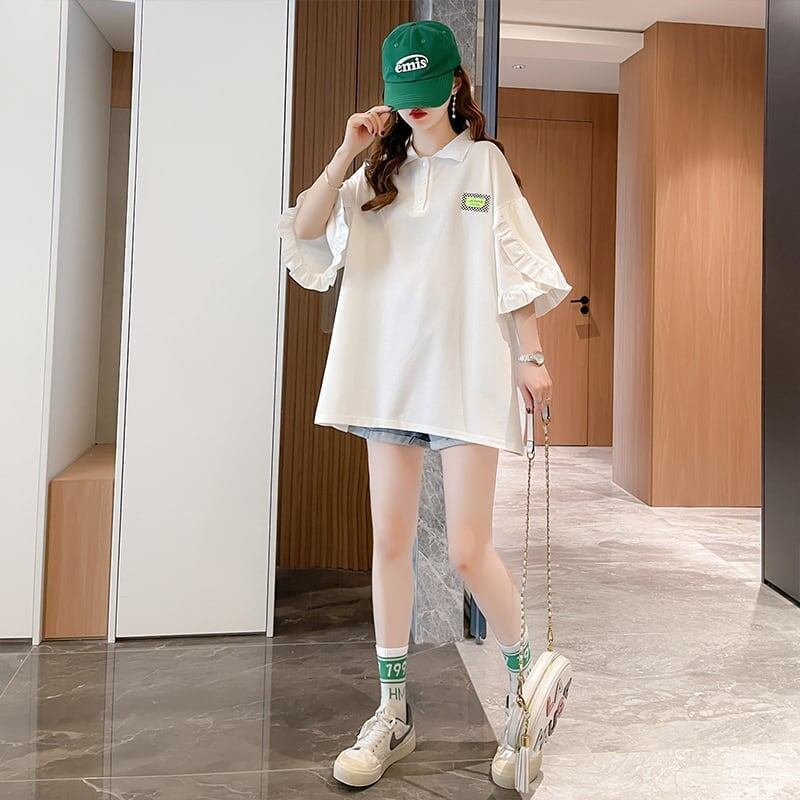 おすすめ POLOネック シンプル フリル ロング Tシャツ 三色 ゆったり半袖 ＜S-3055＞