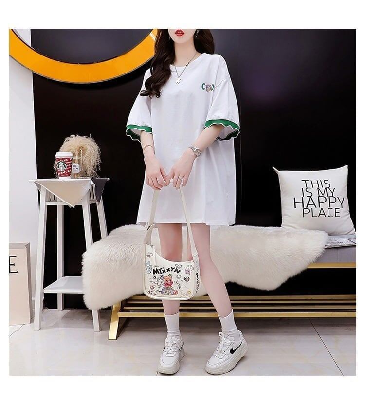 アルファベット プリント ドロップショルダー ロングTシャツ ゆったり＜S-2888＞