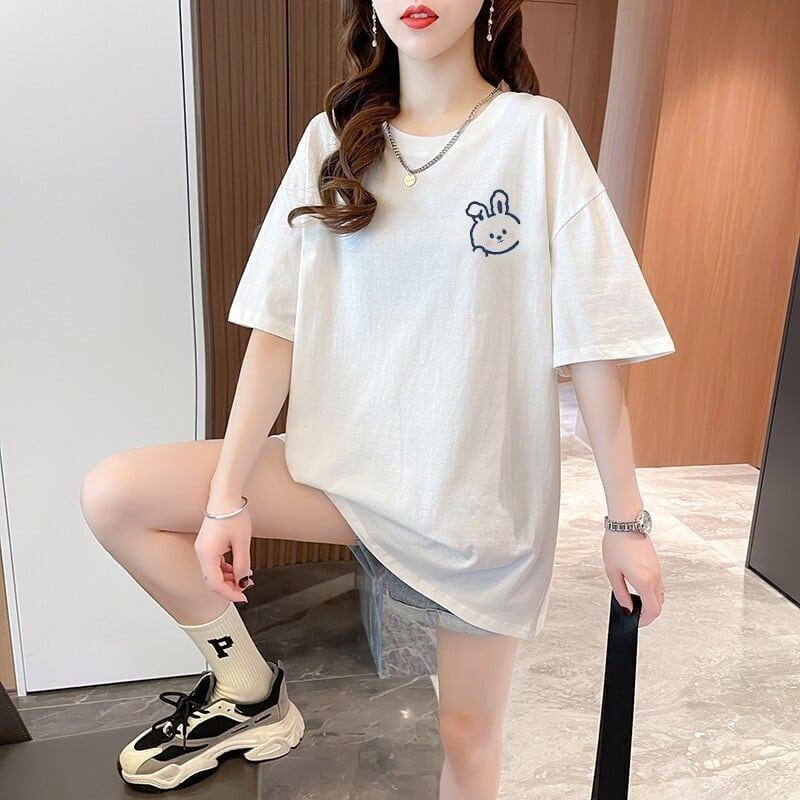 韓国系 アルファベット 可愛いウサギちゃん プリントTシャツ ゆったり半袖＜S-2969＞