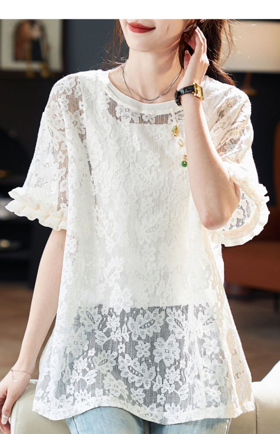 好感度UP カジュアル 今季マストバイ ファッション 透かし彫り Tシャツ<S-8396>