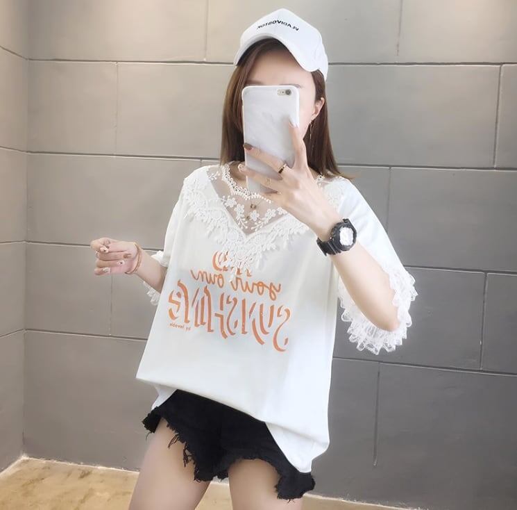 エレガントなレースステッチ半袖Tシャツ<S-3030>