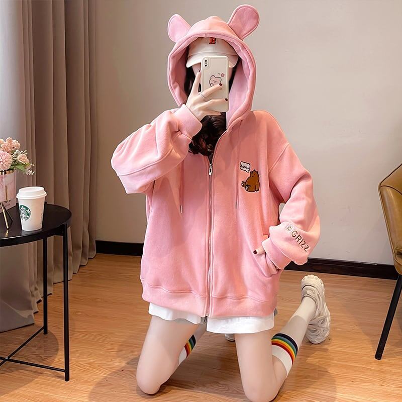 【裏起毛】可愛いクマちゃん厚手フルジップパーカー二色あり<S-4677>