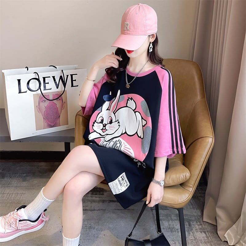 好感度UP グラフィック ストライプ柄 ラグランTシャツ ゆったり ワンピース＜S-3994＞
