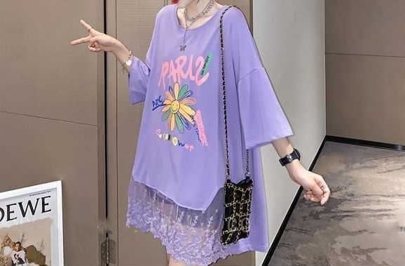 スウィート 花柄 レース アルファベット プリント ロングTシャツ ゆったり半袖＜S-2952＞
