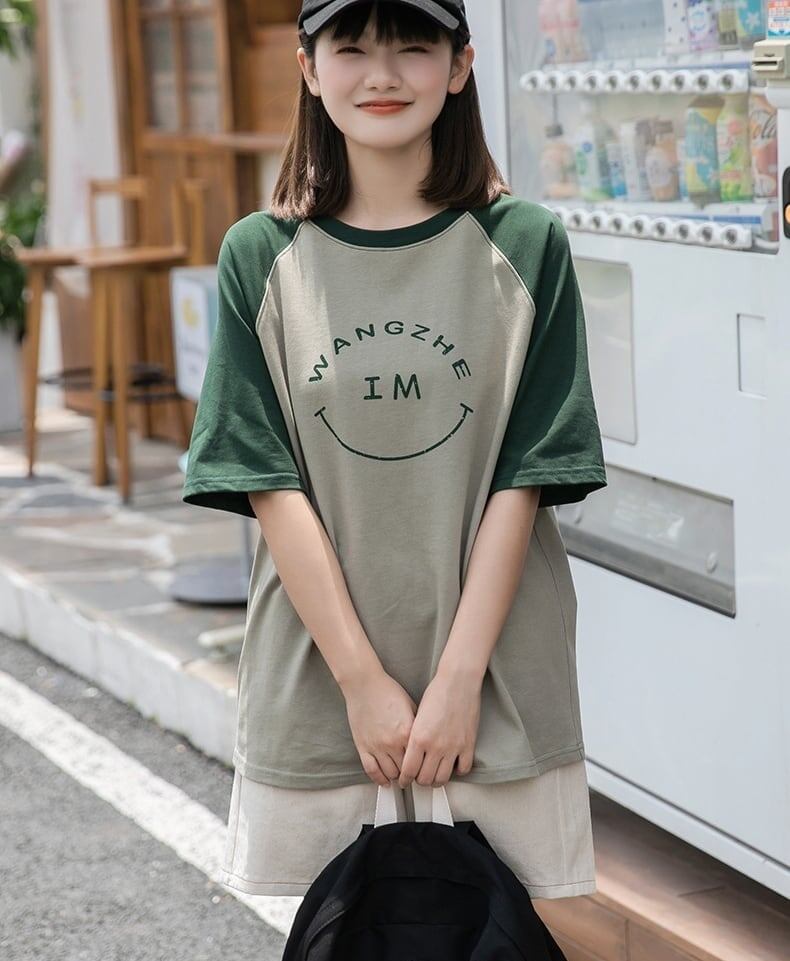 カラーマッチング スマイル ラグランTシャツ アルファベットプリント半袖 ＜S-2972＞