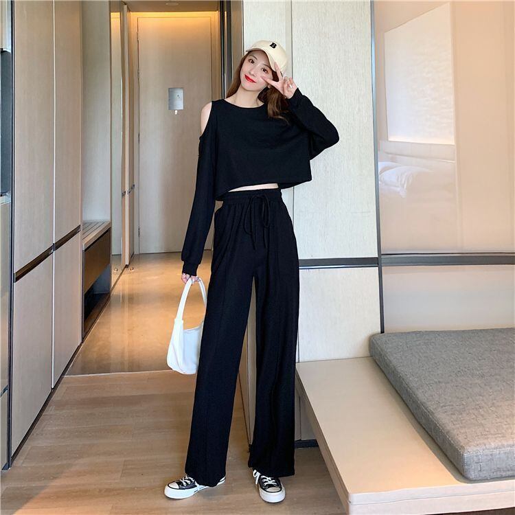 韓国風ファッション カジュアル ?感?佳 全2色 長袖Tシャツ＆ハイウエストワイドレッグパンツのセットアップ<S-9103>