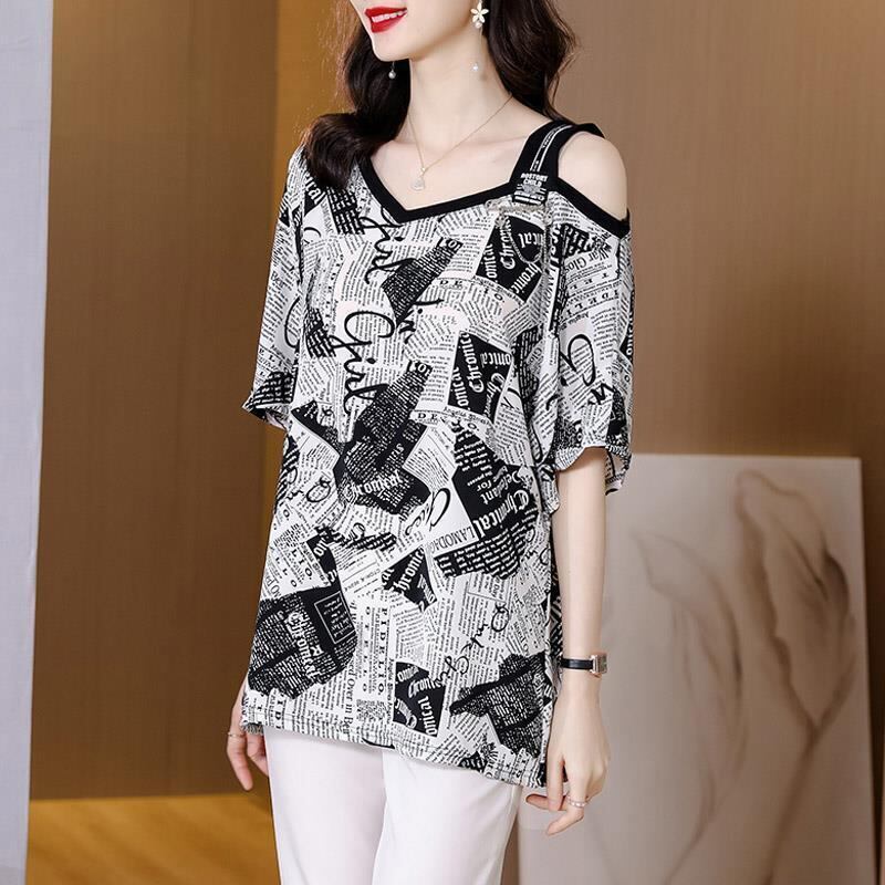 【半額！期間限定！！】絶対流行 特別デザイン 個性派 シフォン プリント 半袖Tシャツ＜S-8610＞