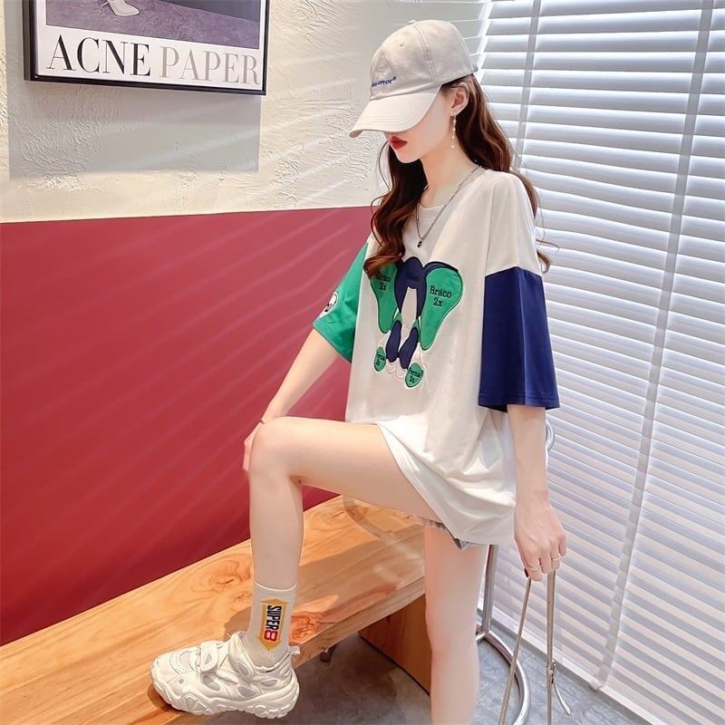 気質漫画カラーマッチング偽ツーピース半袖Tシャツ<S-2997>