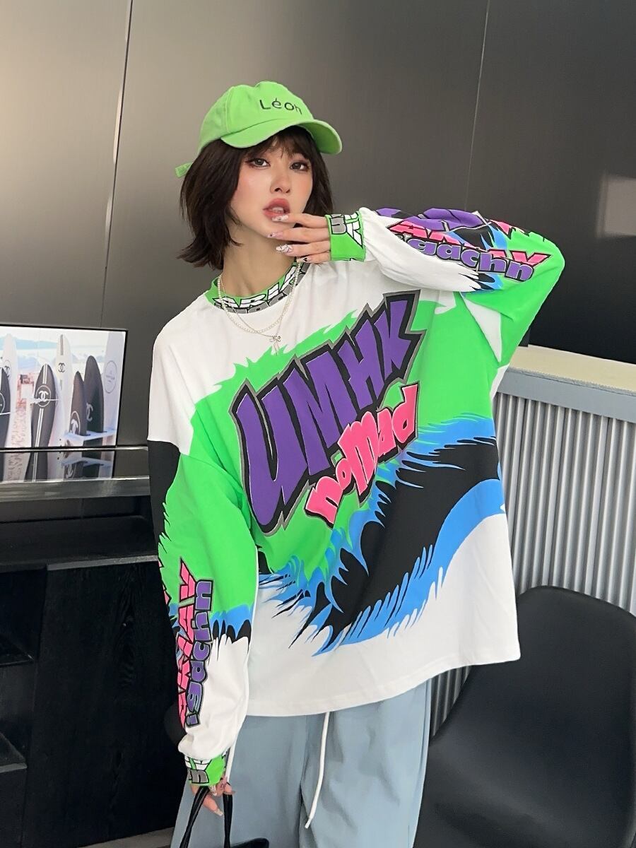 着回し力抜群 アバンギャルド 個性的なデザイン プリント全2色 Tシャツ<S-9225>