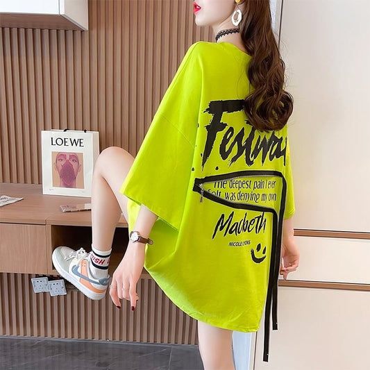 デザイン個性ゆったりミドル丈半袖Tシャツ<S-3036>