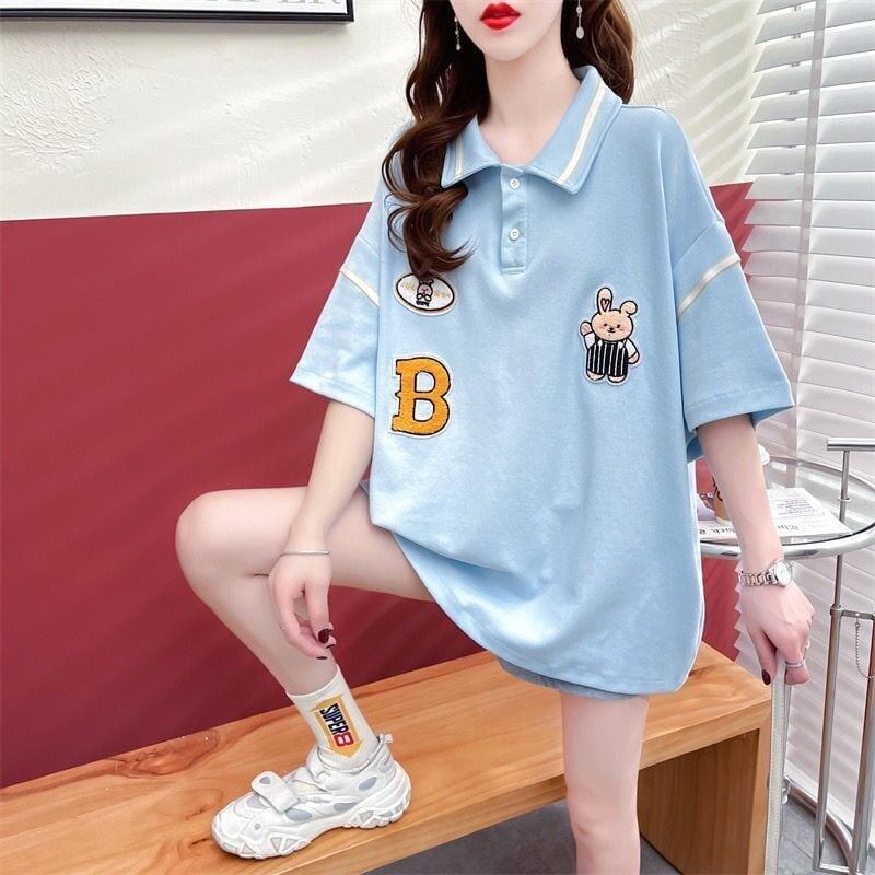 韓国系 ロング POLOネック Tシャツ 四色 ゆったり半袖 ＜S-2869＞