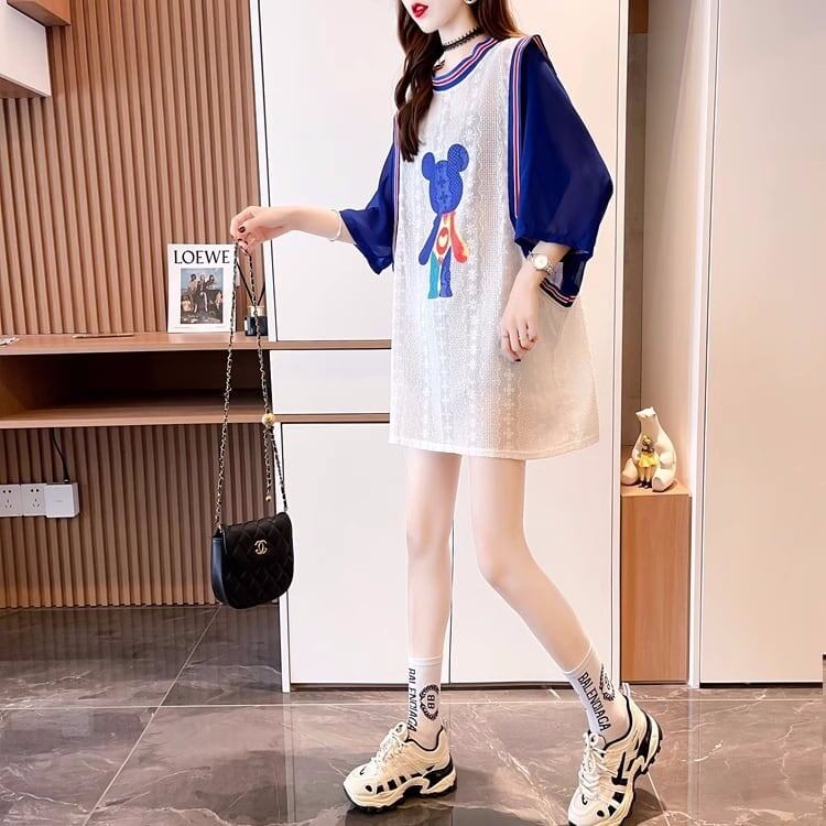 夏新作 レース ベアー カラーマッチング ロングTシャツ ゆったり5分袖 ＜S-2942＞