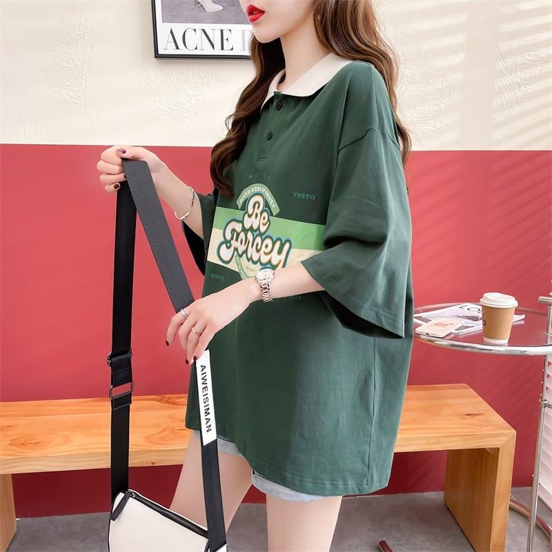 スタイルアップ グラフィック POLOネック ドロップショルダーTシャツ ゆったり半袖 ＜S-3048＞