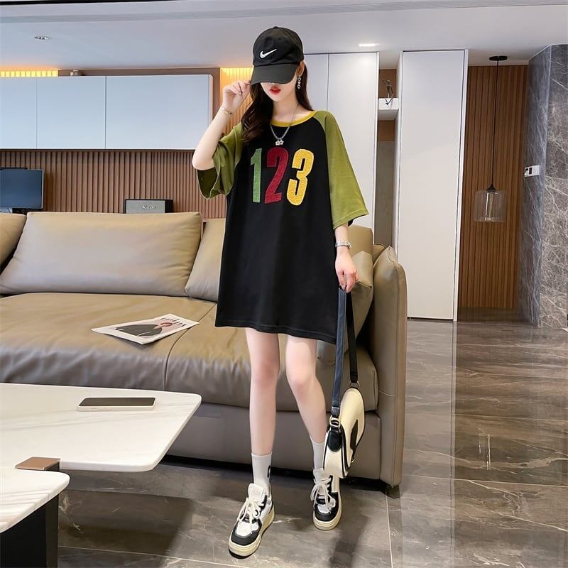 絶対欲しい カラーマッチング 数字刺 ロング Tシャツ ゆったり 半袖 ＜S-2896＞