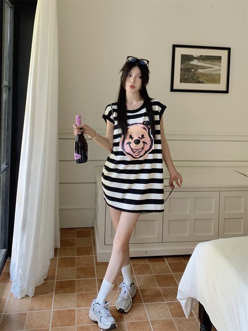 おしゃれ度アップ ノースリーブ ストライプ柄 ロング Tシャツ ゆったり ワンピース＜S-2977＞