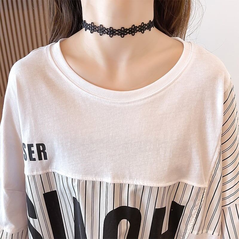 大好評 切り替え ストライプ柄 プリント ロング Tシャツ 三色 ゆったりワンピース ＜S-4012＞