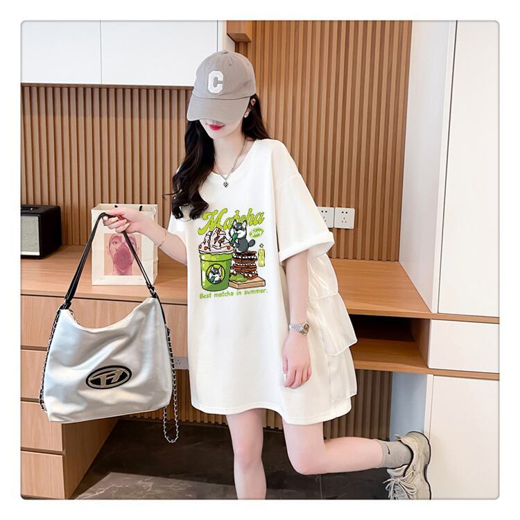 着回し力抜群 切り替え プリント ロング Tシャツ ゆったり半袖 Tシャツ ＜S-8498＞