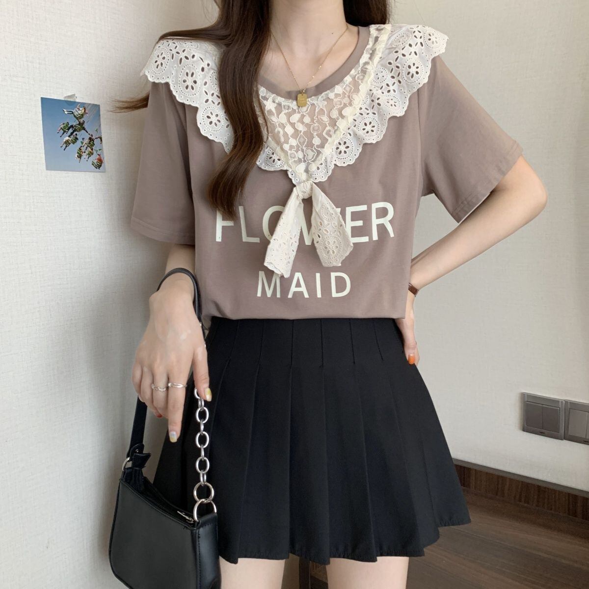 超人気 レース スウィート 切り替え プリント 3色選択 半袖Tシャツ＜S-8825＞