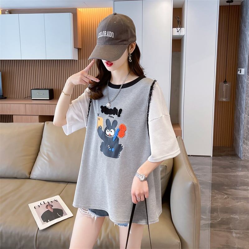 ワッフルフェイクツーピース漫画立体刺繍半袖Tシャツ<S-2871>