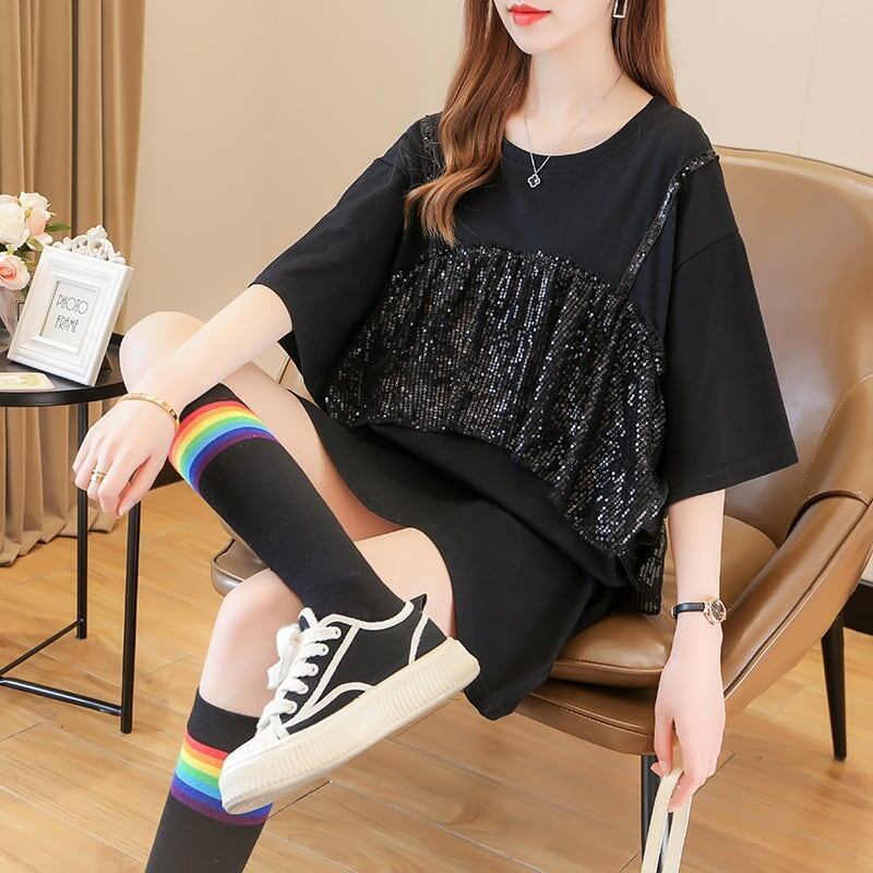おすすめ アルファベット スパンコール プリントTシャツ ゆったりワンピース＜S-2993＞