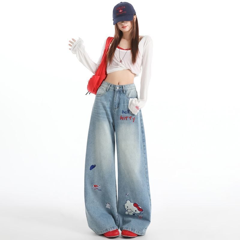 ウォッシュ加工 ハイウエスト ワイド デニムパンツ <S-13186>