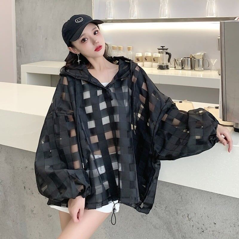 大人気 チェック柄 ゆったり 日焼け対策 UVカット 冷房対策 着?せ 長袖 フード付き シャツ ＜S-1910＞